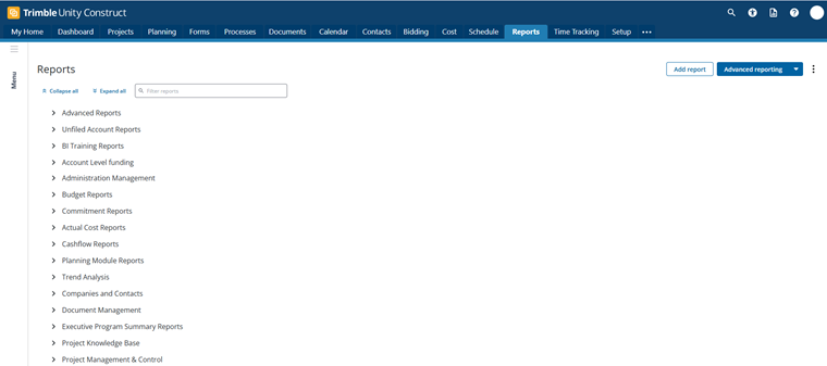 Main Reports module landing page with available reports and actions